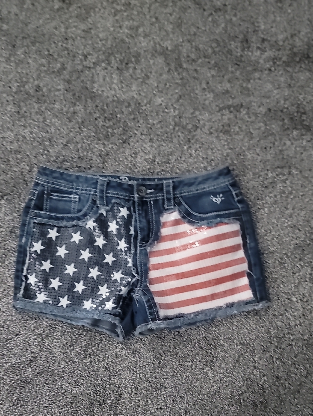 Justice Girls' Sequin Flag Denim Shorts - Blue, Red, White